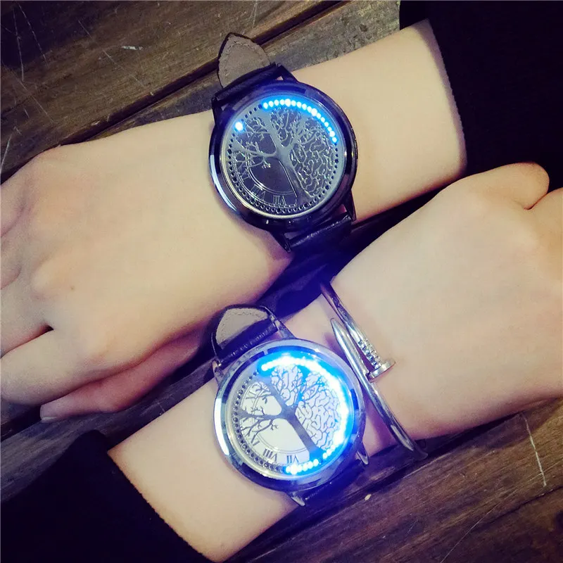 

Creative concept personality tide brand smart leather simple waterproof LED men watch women couple wrist watches young people