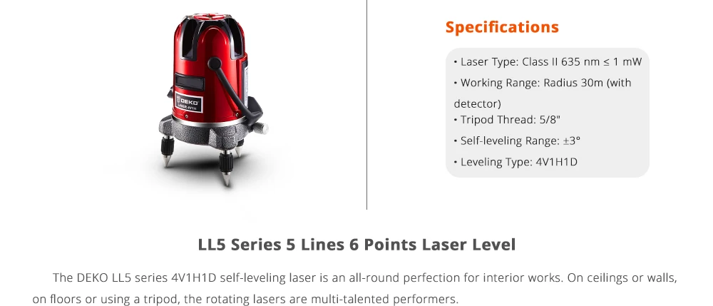 DEKO LL58 5 Line 6 Points Red Laser Level Self-leveling Horizontal&Vertical 360 Degree Adjustment Higher Visibility