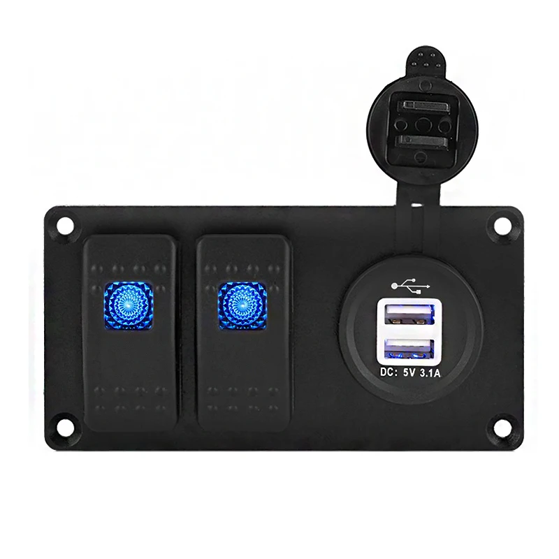 

2 Gang Car Rocker Switch Panel Waterproof Marine Rocker Switch Panel LED 12/ 24V Dual USB Charger for Caravans Boat RV Yacht