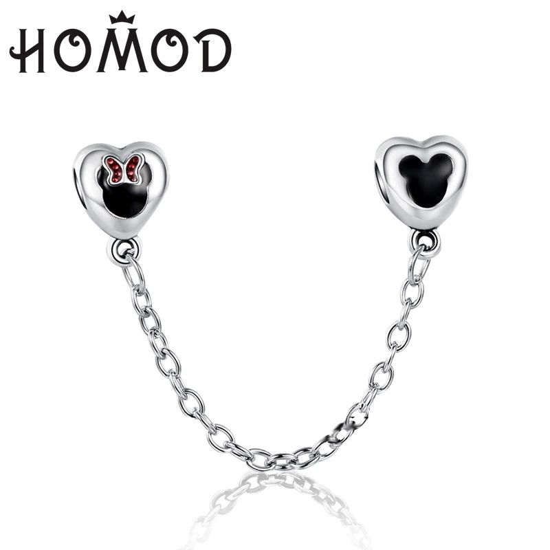 

HOMOD Silver Plated Drop Mickey Minnie Mouse Beads Fits Pandora Pendant Dangle Cartoon Safety Chain Fits Brand Charm Bracelets