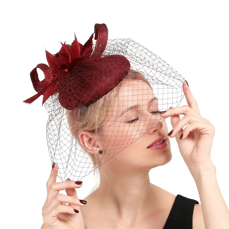 

High quality 4 layer sinamay wedding mesh fascinators hat marron veils fascinator accessories female feathers elegant headpiece