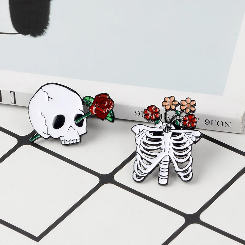 

Skeleton with flowers Enamel Pins Rib cage and skull with flowers Brooch Halloween pin Badge Goth Punk Jewelry Gift for friends