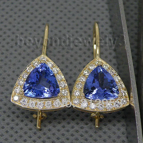 Tanzanite Earrings Yellow Gold Trillion 8x8mm 14kt Yellow Gold Tanzanite Diamond Earrings Drops Tanzanite Jewelry WE007B