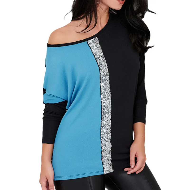 

Womens Tops And Blouses Patchwork Long Sleeve Blouse O Neck Sequins Ladies Tops Casual Shirt Plus Size Women Tops Camisas Mujer