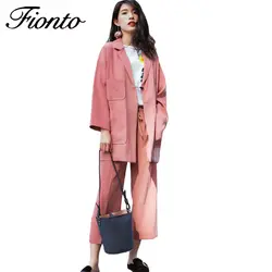 Fionto 2018 Новая мода Широкие брюки Костюмы Для женщин Повседневное Костюм женский комплект одноцветное Цвет пальто и брюки Пиджаки для женщин