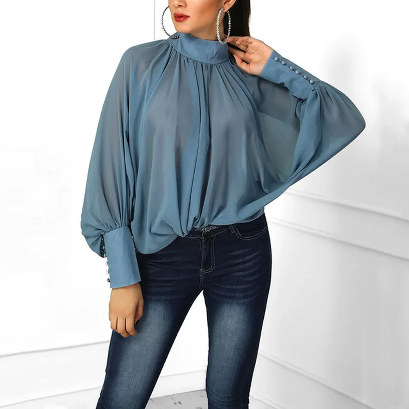 

2019 Women Elegant Stand Collar Solid Chiffon Blouse Shirt Ladies Spring Summer Flare Sleeve Casual Stylish Office Blouses Tops