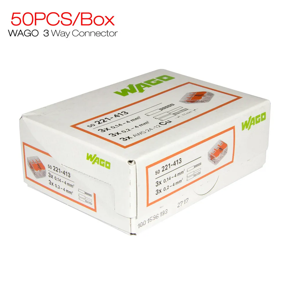 

50pcs WAGO Electric Cable Connector 3Way Reusable Original WAGO 221-413 Transparent Wire Terminals
