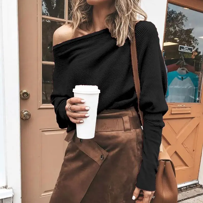

2019 Women Loose Knitted T shirt Long Bat Sleeve Top Sexy Slash Neck Off Shoulder T-Shirts Streetwear