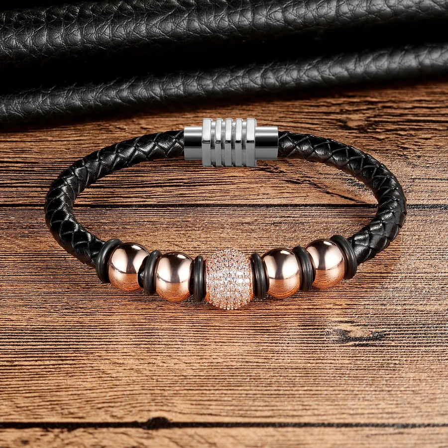 XQNI New Design Genuine Leather 4 Colors Ball Stainless Steel Inlaid Cubic Zircon Bracelet With Velvet Bag Gift Packing Jewelry