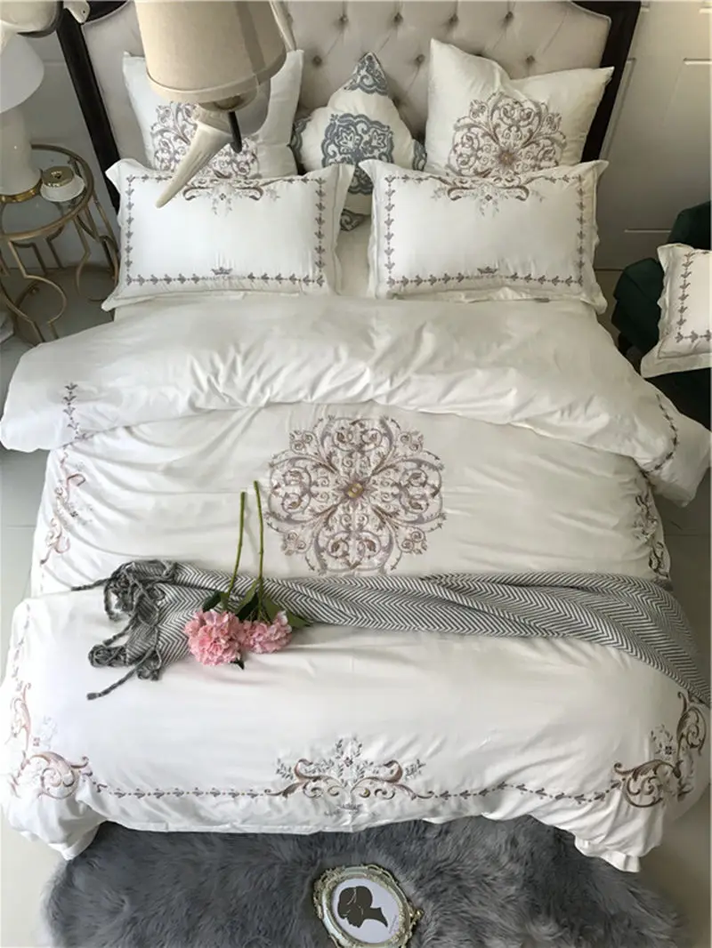 Waliicorners Elegant embroidery Bedlinen Egyptian Cotton flowers Bedding sets queen king size Duvet cover pillowcase Flat Bedsheet 17 IMG_4663