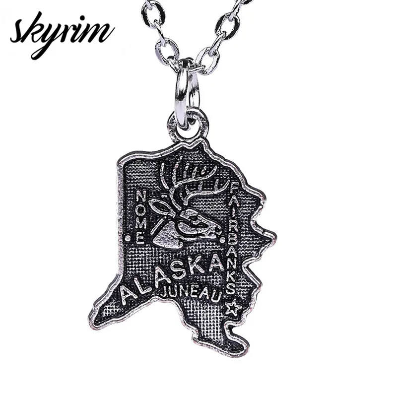 

Skyrim Punk Alaska Map Necklace Carved Juneau & Fa-rbanks Message Charm Pendant Fashion Jewelry Accessories For Men/Women Gifts