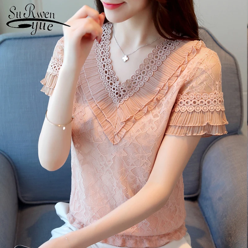 Fashion women blouses 2018 summer lace women tops blusas feminina lace women shirt short sleeve lace women blouse shirt 0398 30