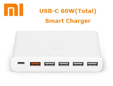 

Xiaomi USB-C 60W(Total) Quick Charger 3.0 Smart Output 1 Type-C 5 USB-A Dual QC3.0 charger plug18W x2 + 24W(5V=2.4A MAX)