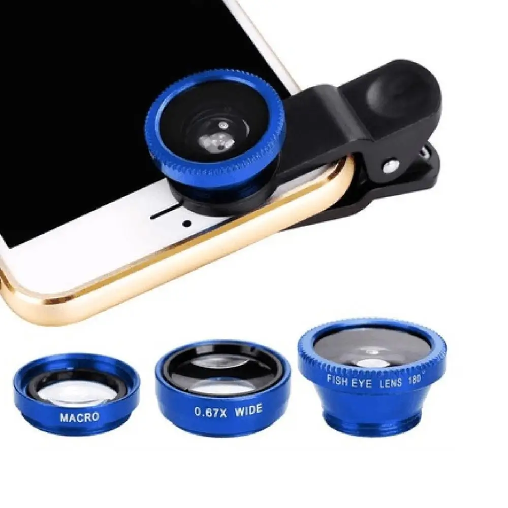 3-в-1 Широкий формат макро объектив «рыбий глаз» Камера Наборы мобильного телефона объектив «рыбий глаз» с зажимом 0.67x для iPhone samsung сотовые телефоны - Цвет: Blue