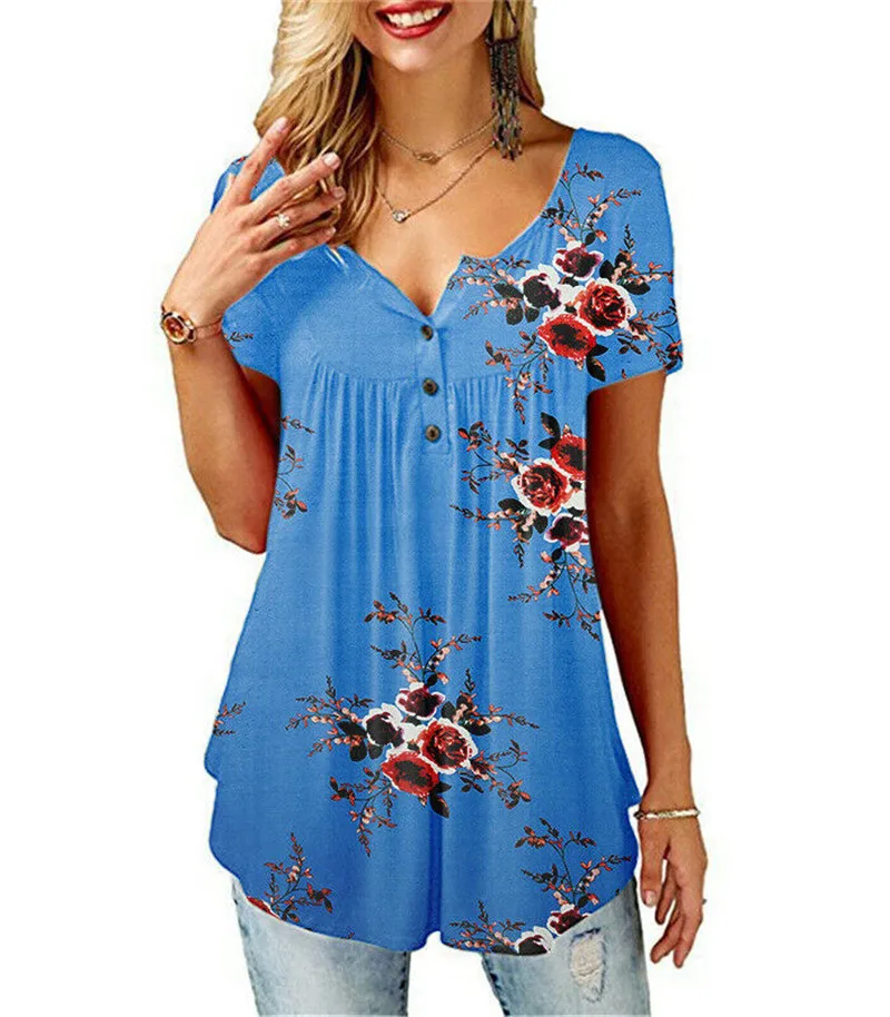 2022 Fashion Women Summer Casual Short Sleeve V Neck Floral Ladies Tops Loose Baggy stretch Tunic T Shirts | Женская одежда
