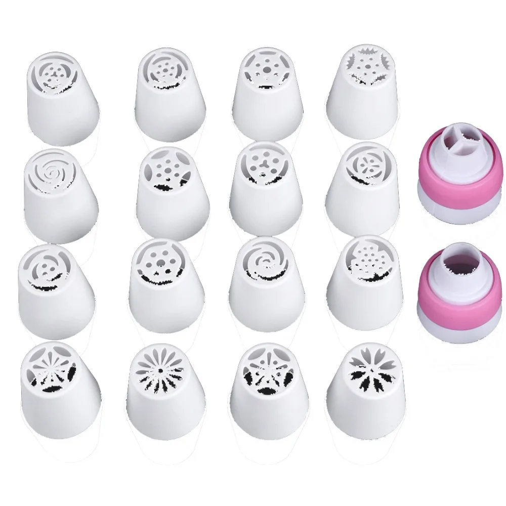 

18Pcs/Set Easy Rose Icing Piping Russian Nozzles 16Pcs Nozzles+2Pcs Adaptor Converter Baking Decoration Cream Presser Pastry Tip
