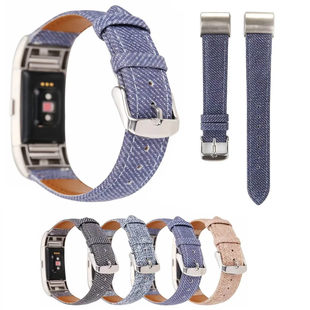 

Sports Jeans Pattern Leather Band For Charge2 Cowboy Style Wrist Strap for Fitbit Charge 2 Watch Bracelet Wristbands w Connector