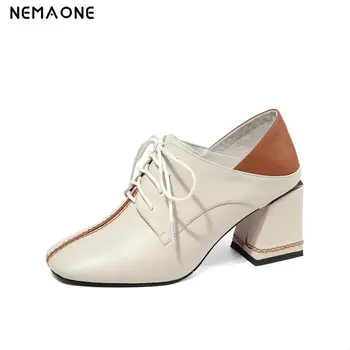 

NEMAONE New Spring lace up Genuine Leather Shoes Deep Mouth Wild Thick with High Heels Elegant Comfortable Women Fashion