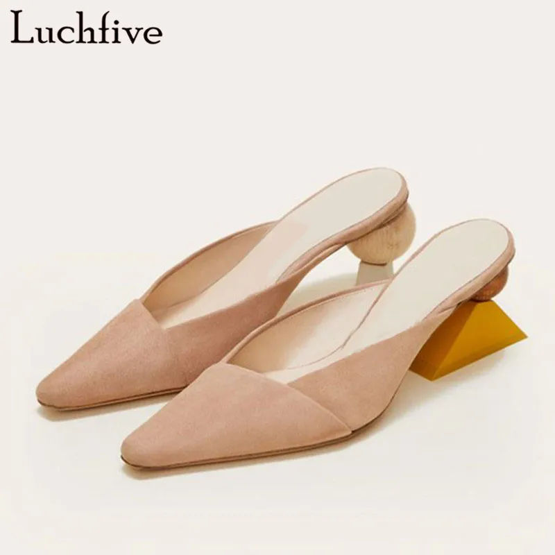 

Luchfive Asymmetric Building Blocks High Heel Slippers For Women Nude Suede Square Toes Summer Slip on Slippers Muller Shoes