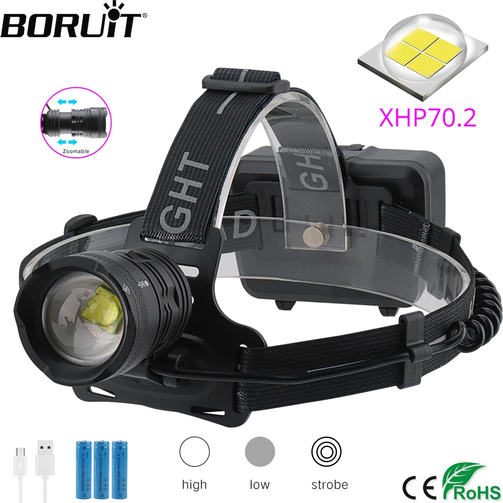 Best BORUiT XHP70.2 LED Headlamp 3 Mode Zoom Head Torch 18650 Rechargeable Headlight 5000LM Super Bright Camping Hunting Flashlight