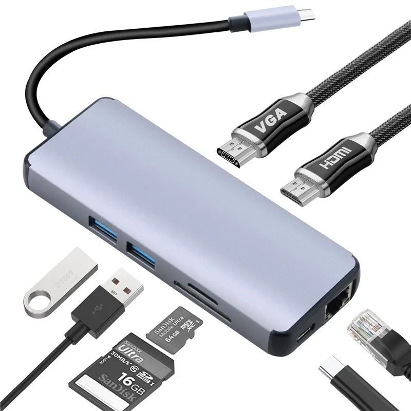 

8 in 1 Type-C USB 3.1 Adapter Type-C to HUB Cable 4K High-Definition 2-Port USB 3.0 SD/Micro Card Reader Converter Cable for Mac