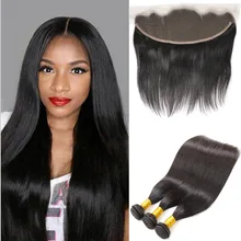Brazilian Straight Hair With Closure 3Bundles Brazillian Hair With Closure Queen Hair Products Lace Frontal Closure With Bundles