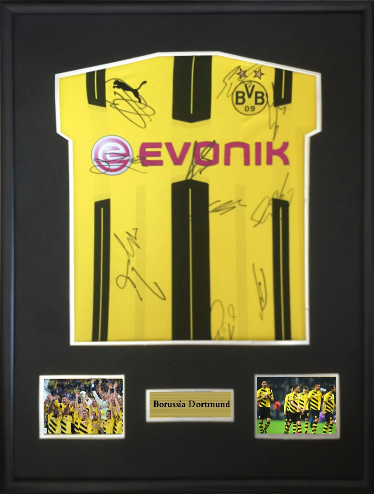 

Pierre Aubameyang Mario Gotze signed autographed soccer shirt jersey come with Sa coa framed Dortmund 2017