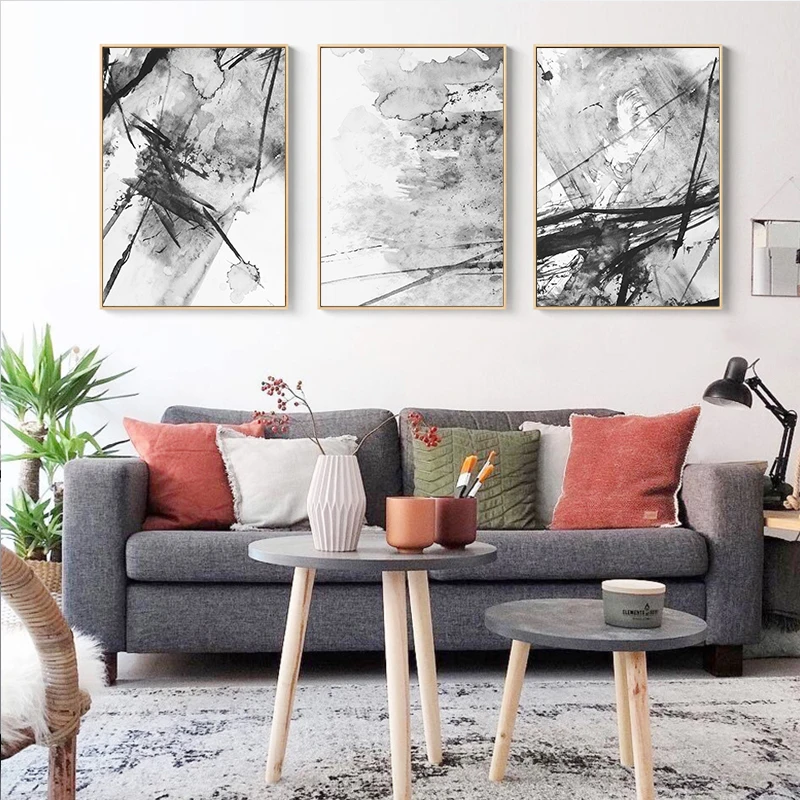 

3 Pieces Abstract Yellow Gray Pink Ink Splash Canvas Painting Art Print Poster Picture Wall Decoration Modern Home Decoration