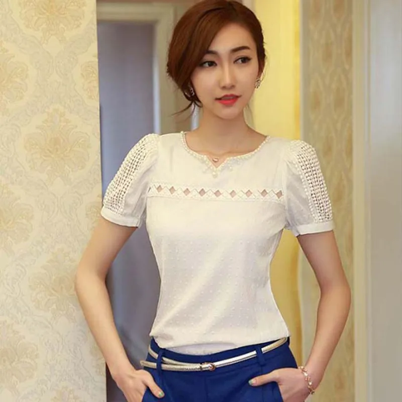 

Summer Women Lace Short Sleeve White Blouse Sexy Hollow Out Small V-Neck Tops Summer Women Casual Blouses