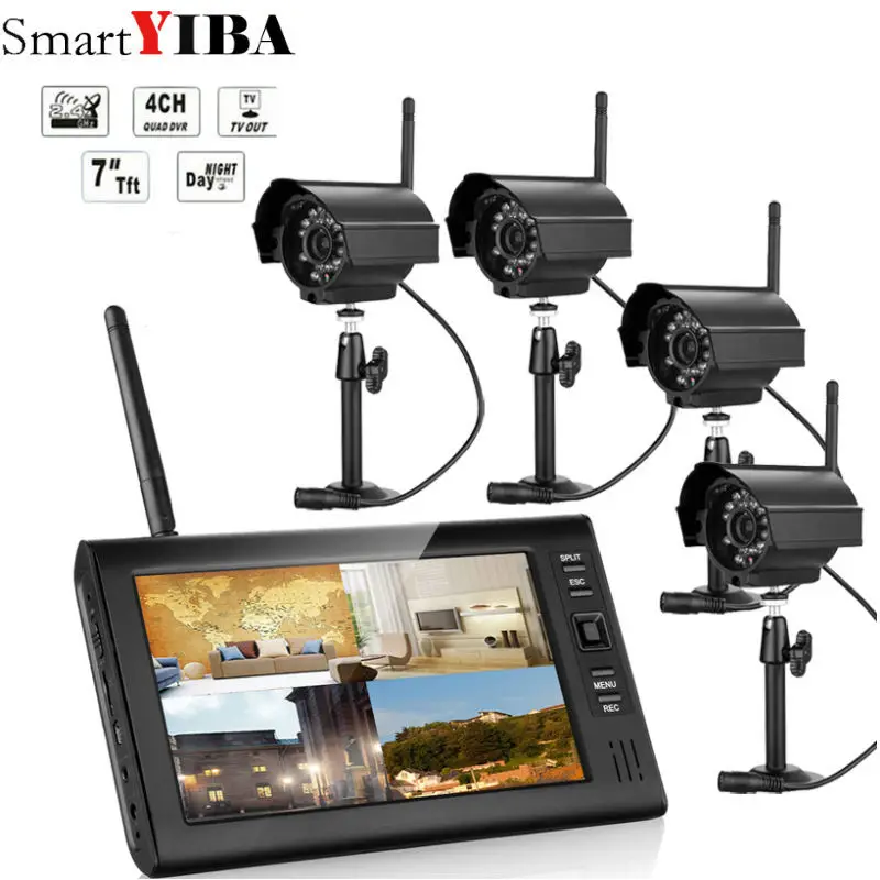 7 inch TFT Digital 2.4G Wireless Cameras Audio Video Baby Monitors 4CH Quad DVR Security System