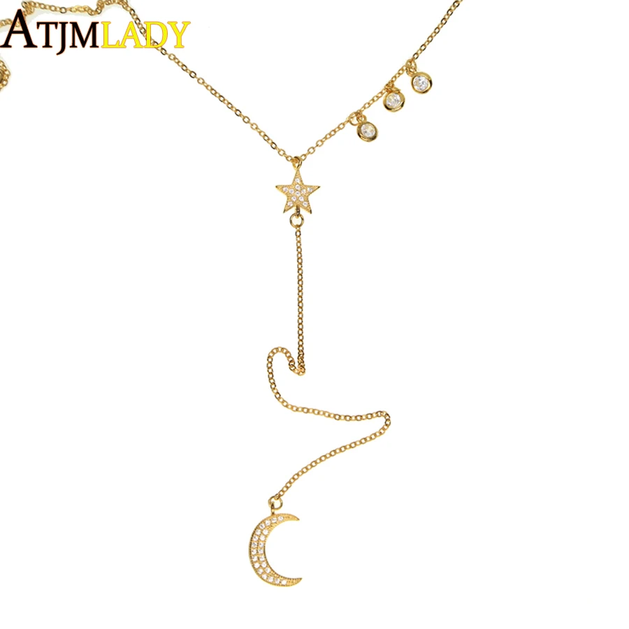 

2018 sparking bling cz charm drop micro pave moon star pendant gold filled 925 sterling silver dainty lariat Y long necklace