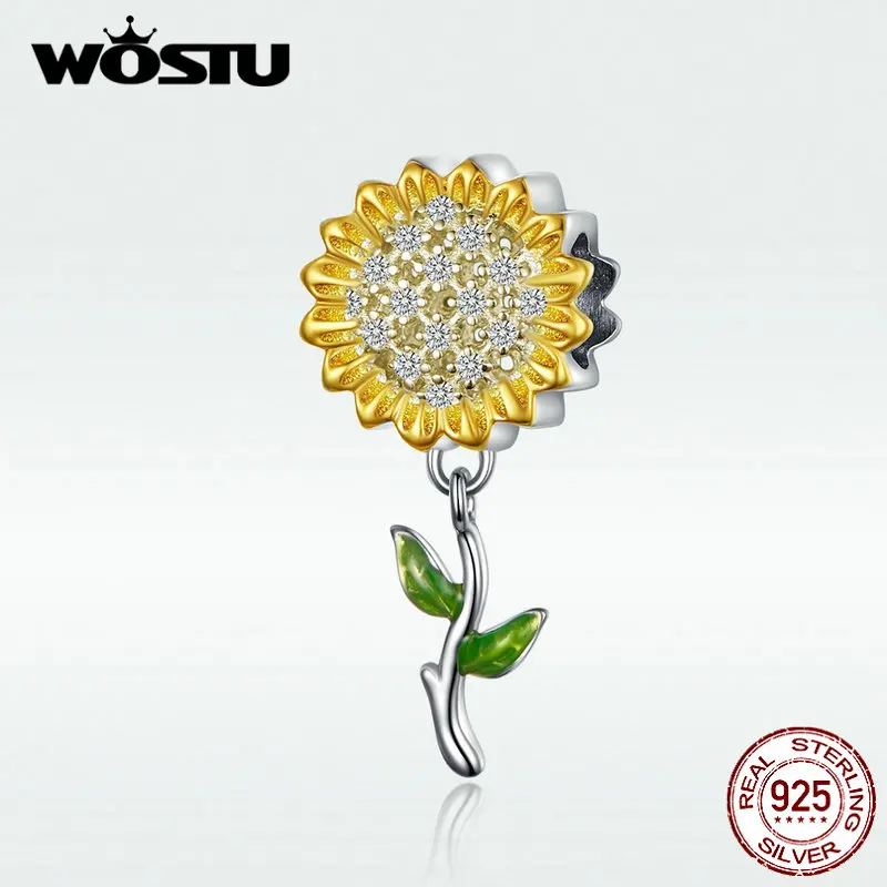 

WOSTU S925 Sunflower Charms Genuine 925 Sterling Silver Charms BNngle Fit Bracelet & Bangle For Women Fashion Jewelry BKC1211