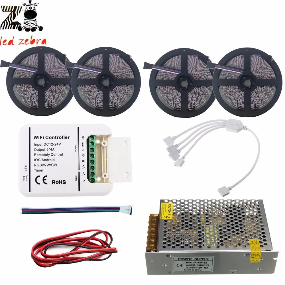 

5m/10m/15m/20m 5050 SMD rgbw rgbww led strip light+rgbw wifi led controller+12v led power transformer+5m 2pin led cable wire