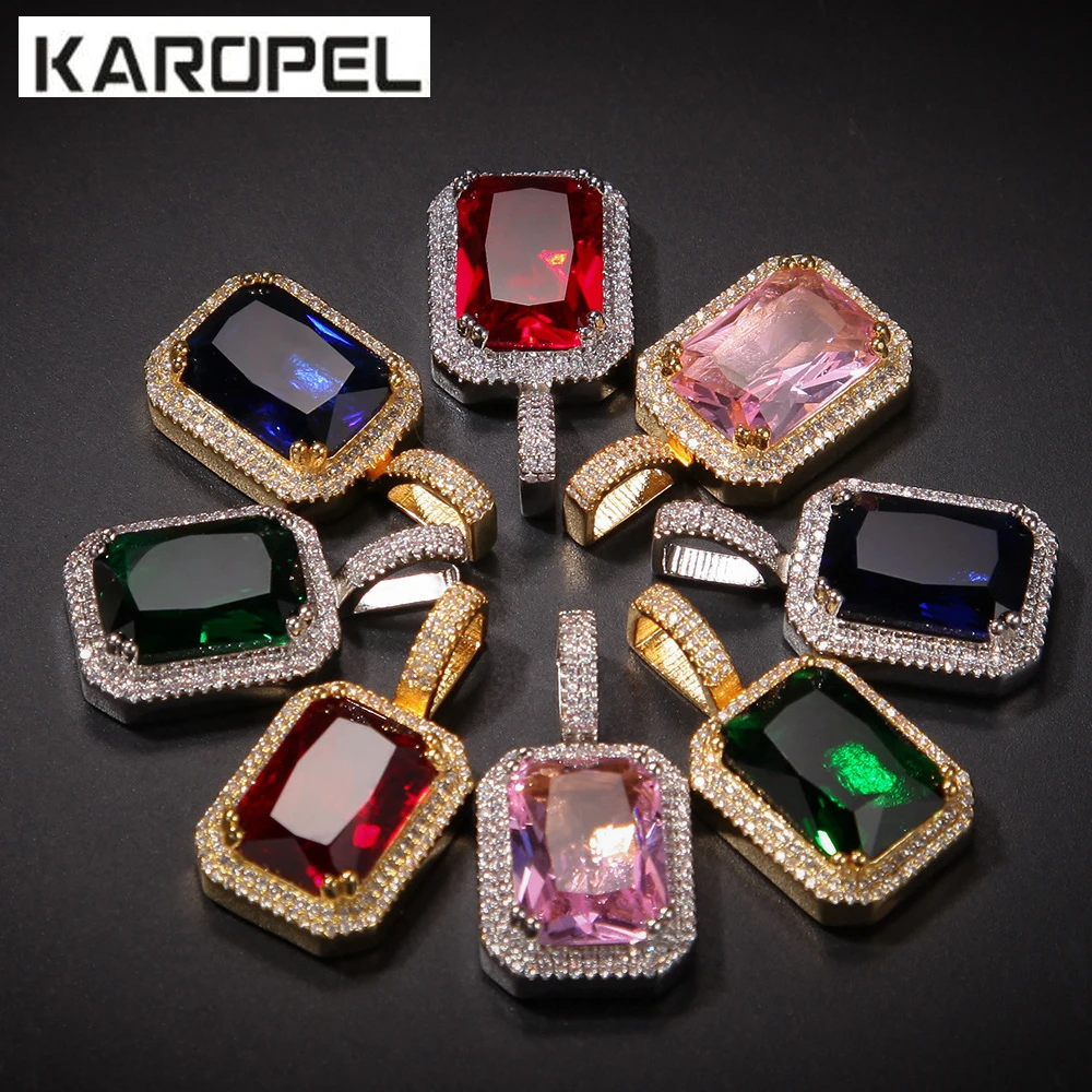 

Iced Out Gold Plate Hip Hop Pink/Blue/Green/Red Square Cubic Zirconia Gem Jewelry Men Necklace 24" Stainless Steel Rope Chain