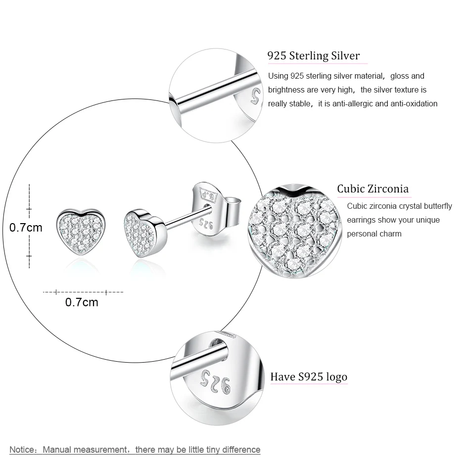 BELAWANG, рождественский подарок, настоящее 925 пробы, серебряные серьги для женщин, кубический цирконий, кристалл, сердце, серьги-гвоздики, свадебные ювелирные изделия