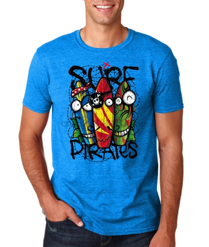 

Surf Pirates Mens T shirt Beach Music Surfing Skateboard Antique Sapphire