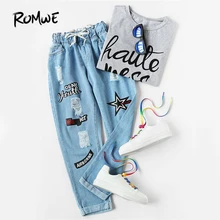 ROMWE рваные джинсы с манжетами женские синие офсетные с принтом на завязках со средней талией джинсовые штаны модные повседневные укороченные джинсы с карманами