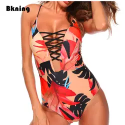 Bkning Sexy Глубокий V плавание костюм Цельнокроеный комплект без бретелек Красный лист печатных Одежда Trikinis 2019 Mujer Indoor купальщик Badpak Pad XL