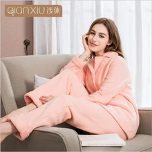 Зимняя брендовая Домашняя одежда, Женские повседневные пижамные комплекты, Женский Теплый фланелевый Пижамный костюм, Дамское длинное пальто с отложным воротником+ штаны