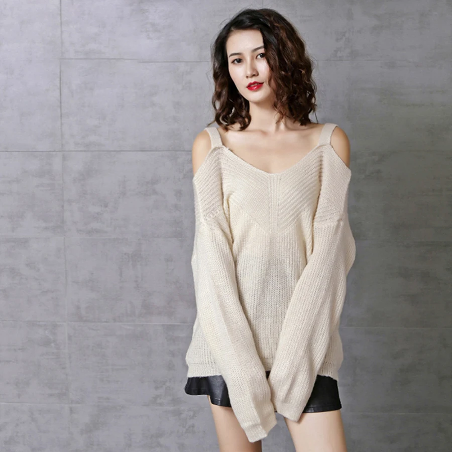 Off The Shoulder Women Knitting Tops Fashion V Neck Solid Skinny Sweaters Ladies Long Sleeve Slim Clothes Outfit 5Zc0294 | Женская