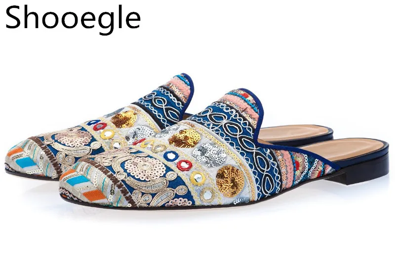 

Men Ethnic Hand-Embroidered Shoes Slip-on Mules Bohemia Style Canvas Loafers Fashion Men Casual Shoes