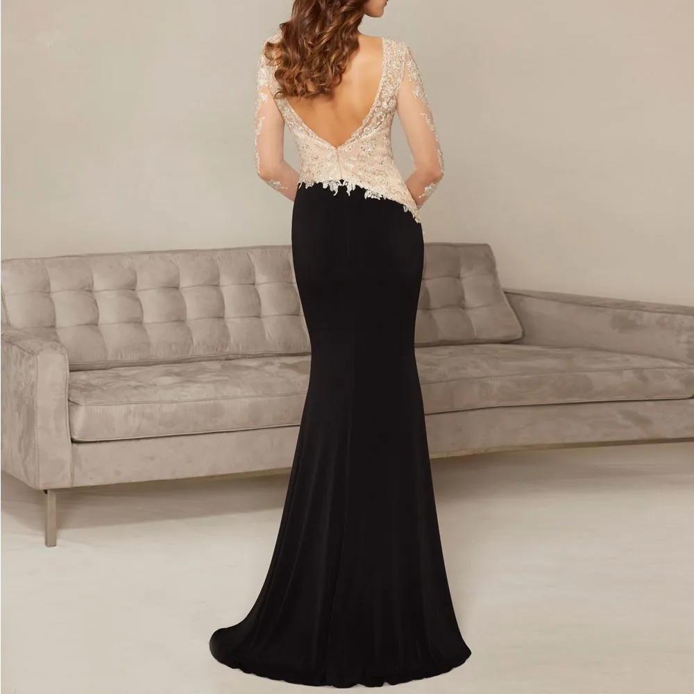 Sexy-Black-Champagne-Lace-Applique-Beads-Formal-long-Sleeve-Evening-Party-gown-vintage-2018-vestido-Mother