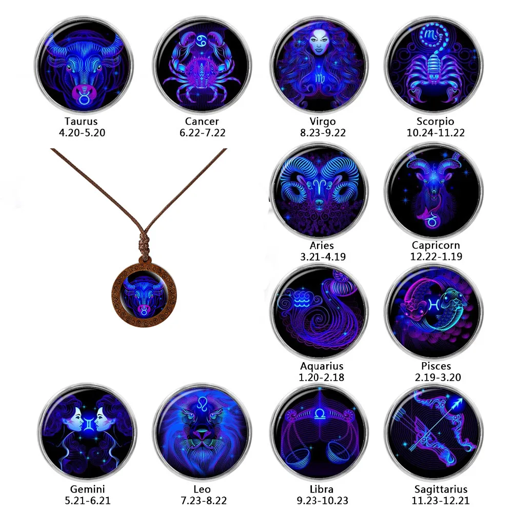 

Zodiac Signs 12 Constellations Glass Wood Pendant Necklace Woman Men Birthday Christmas Gift Wholesale Fashion Jewelry