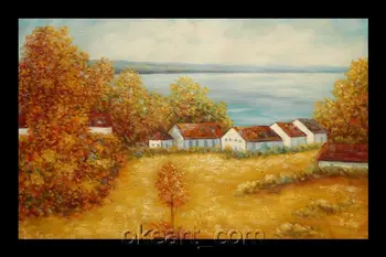 

Impressionist Landscape Oil Painting Hand Painted Lakeside Autumn Yellow Home Decoration Wall Art Free Shipping