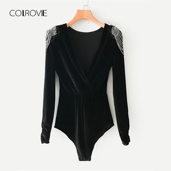

COLROVIE Black Solid V Neck Beading Shoulder Sexy Velvet Bodysuit Women 2019 Spring Long Sleeve Wrap Skinny Elegant Bodysuit