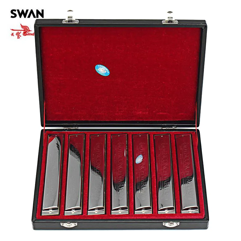 

Swan 24 Holes Emboosed Tremolo Harmonica Set Performance CDEFGAB 7 Keys Musical Instruments Swan Harmonicas in Storage Case