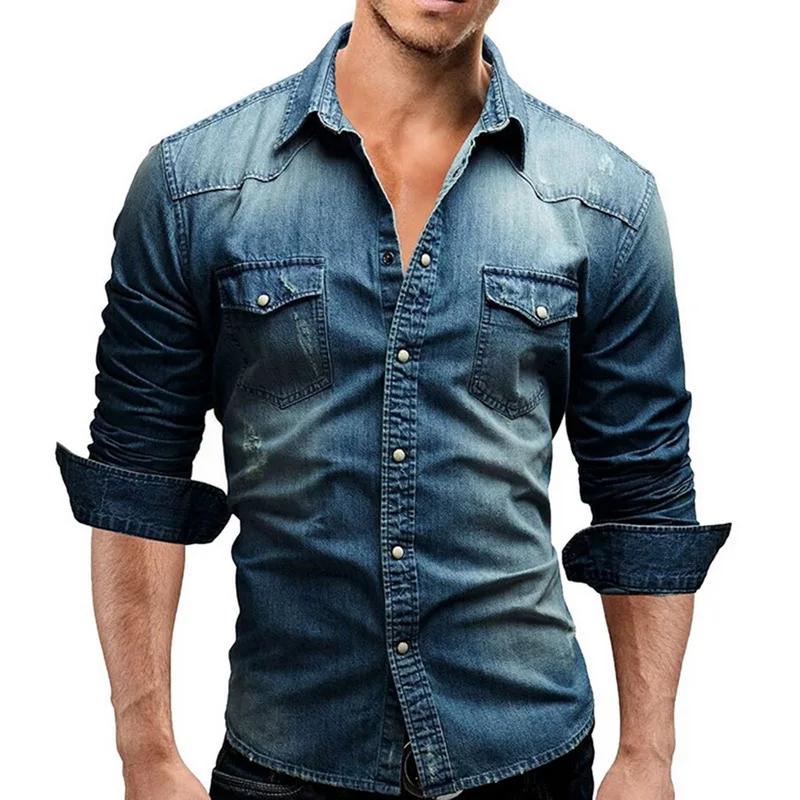 

Oeak Mens Denim Shirt 2019 New Fashion Long Sleeves Slim Double Pocket Cotton Button Tops Casual Solid Color Coat