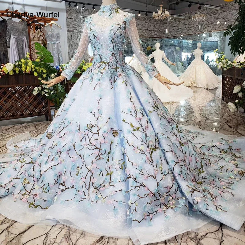 

HTL300B Blue long formal dresses with veil high neck long sleeve lace up back muslim women evening dresses abiye gece elbisesi