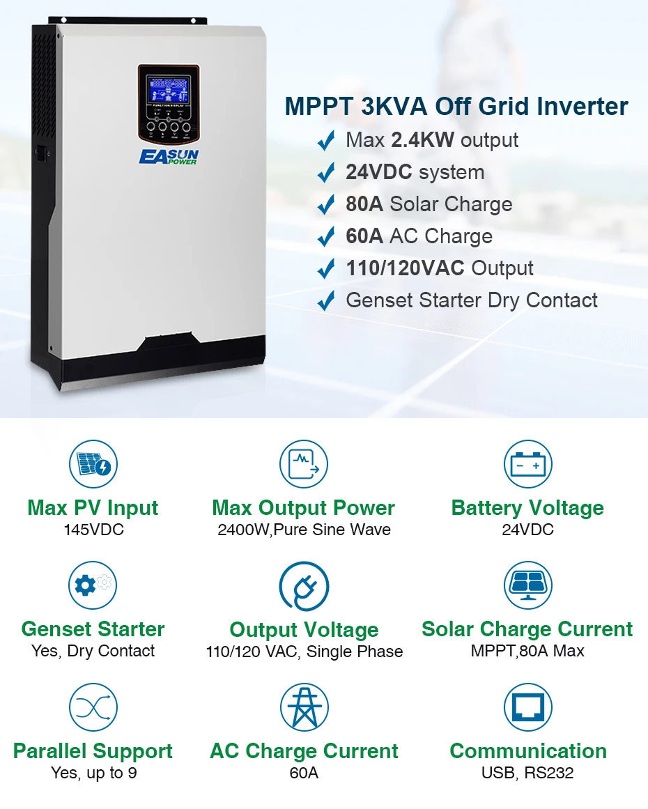 EASUN POWER 110V Solar Inverter Hybrid 3Kva 2400W Off Grid Inverter 24V 120V 80A MPPT Pure Sine Wave Inverter 60A AC Charger_01
