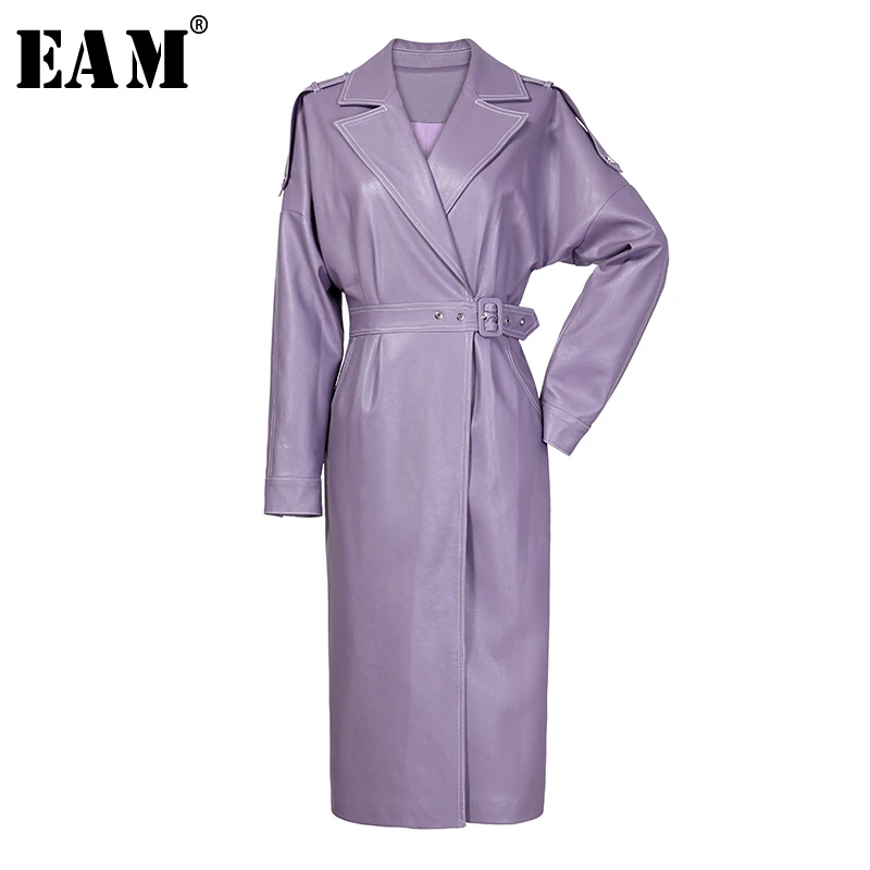 [EAM] 2019 Spring Woman Purple Color Long Sleeve Turn-down Collar Adjustable Waist Long High Waist PU Leather Caot LD856